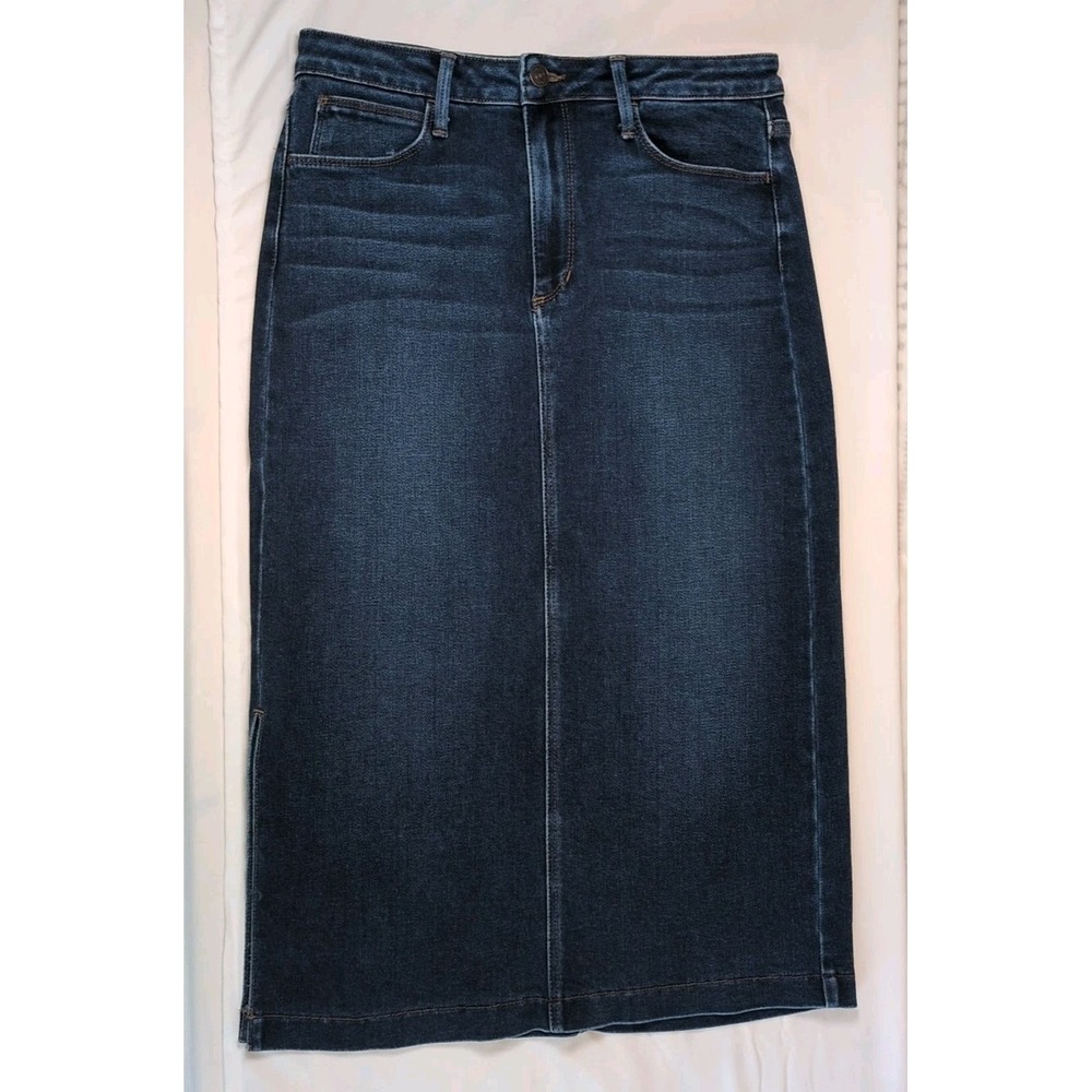 Just Black Denim Skirt Sz M Dark Blue Jean Side Slit Zipper Fly Stretch USA